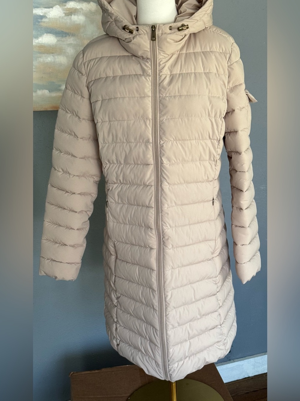 Lauren Ralph Lauren Women's Hooded Puffer Coat Beige Mid-Length Zip Size M